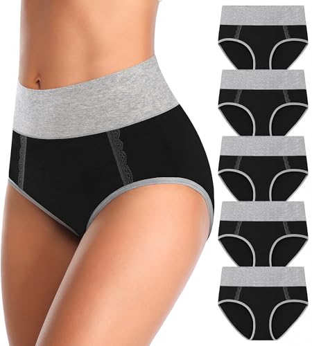 MISSWHO Cotton High Waisted Womens Underwear Soft Stretch Breathable Full Coverage Ladies Panties(Regular & Plus Size) - color: Black-d, size: Large