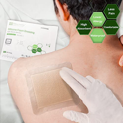 NeuHeils Silicone Foam Dressing with Border 6x6 Inch, 5 Pack for Bed Sores - size: 6''x6'' (Pack of 5)