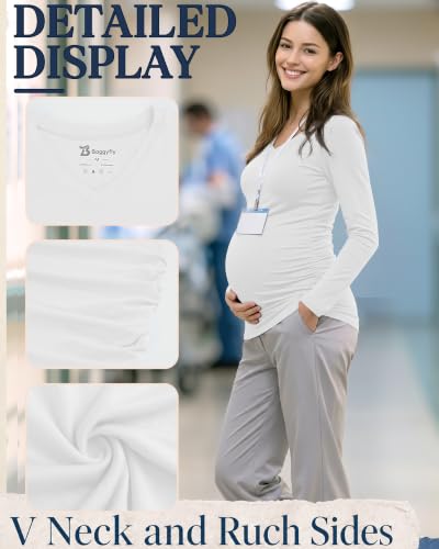 3 Pack Women Maternity Shirts Scrub Tops Side Ruched - color: White, White, White, size: X-Large