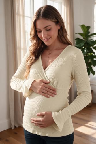 OUGES Women's Maternity Shirts Long Bell Sleeve Casual V Neck Tops Fall Fashion Textured Pregnancy Blouse - color: White, size: Small