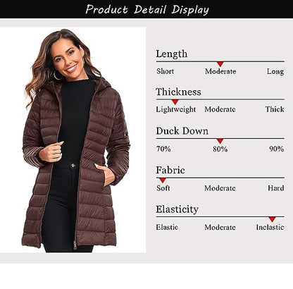 Obosoyo Women's Winter Packable Down Jacket Plus Size Ultralight Long Down Outerwear Puffer Jacket Hooded Coat - color: Coffee, size: X-Large