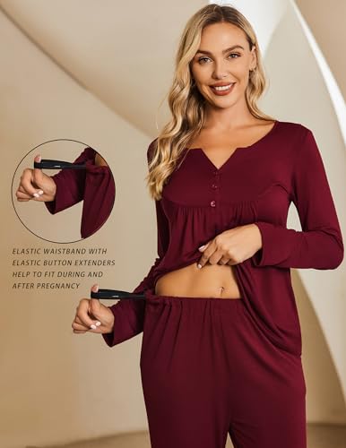 Ekouaer Maternity Nursing Pajama Set Long Sleeve Postpartum Pjs Mom Clothes - color: Wine Red, size: X-Large