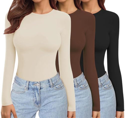Ekouaer Womens 3 Pack Long Sleeve Shirts Stretch Fitted Thermal Underscrubs - color: Black/Coffee/Beige1, size: Medium