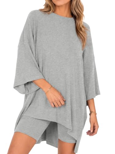 Fisoew Womens 2 Piece Lounge Set Ribbed Oversized T-Shirt Biker Shorts - color: Grey, size: Small