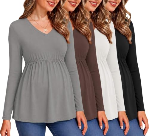 Maternity Shirts for Women Long Sleeve V Neck Fall Tops Clothes - color: Black/Brown/Light Grey/White, size: Medium