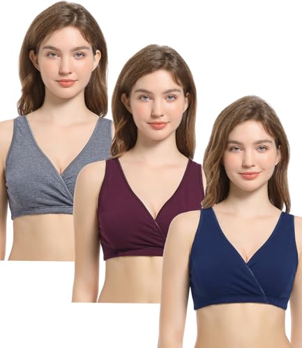 CAKYE 3 Pack Cotton Maternity Nursing Bras Breastfeeding Sleep Bralette - color: A-burgundy+navy+charcoal/3pcs, size: X-Large