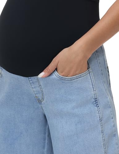 Maternity Barrel Jeans Wide Leg Denim Pants - color: Light Blue, size: XX-Large
