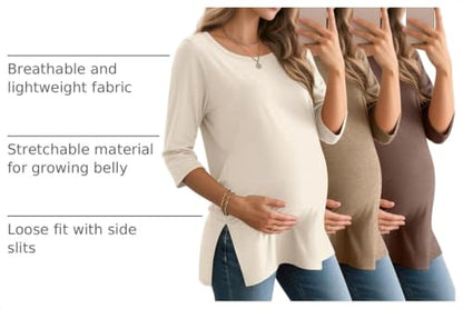 3 Pack Women's 3/4 Sleeve Maternity Loose Crewneck Tops - color: Cream, Khaki, Coffee Grey, size: XX-Large