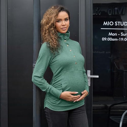 Bhome Maternity Shirt Casual Long Sleeve Half Button Front Lightweight Sweatshirts Slim Fit Pullover Tops with Pockets - color: Green, size: Medium