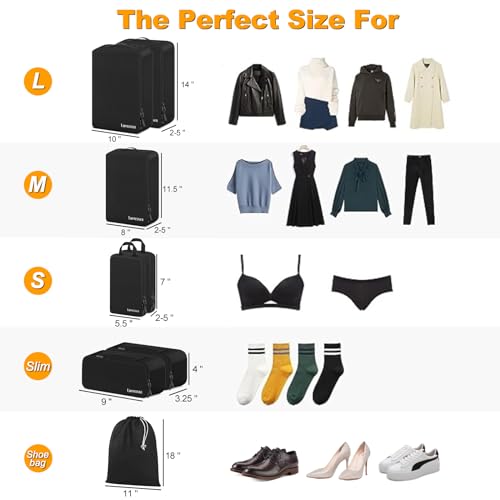 Lumesner 8 Set Compression Packing Cubes, Travel Suitcase Organizers - color: Black