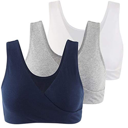 KUCI Maternity Nursing Bra Wireless Cotton Breastfeeding Bra for Sleep - color: Navy Blue+grey+white/3pack, size: Medium
