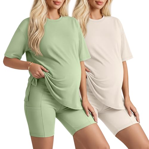 Huukeay 2 Pack Women Maternity Set Pregnancy Outfits - color: Mint Green, Cream, size: Medium