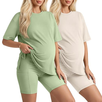 Huukeay 2 Pack Women Maternity Set Pregnancy Outfits - color: Mint Green, Cream, size: Medium