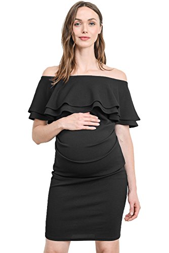 LaClef Women's Off Shoulder Maternity Dress with Double Ruffle - color: Black, size: X-Large