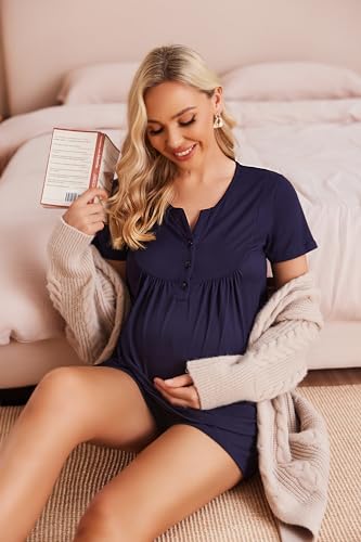 Ekouaer Women Maternity Nursing Pajama Sets Short Sleeve Postpartum Pajamas - color: Blue, size: Large