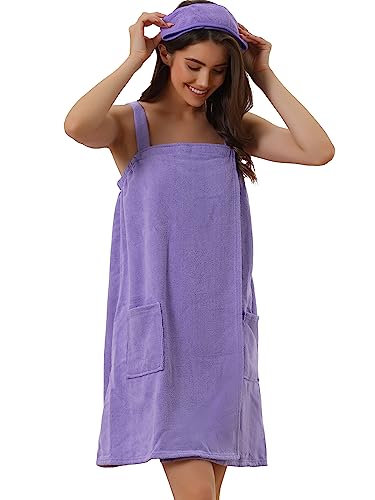 cheibear Women Terry Towel Dress Wrap Bathrobe with Pockets Headband - color: Grape Shake, size: Small