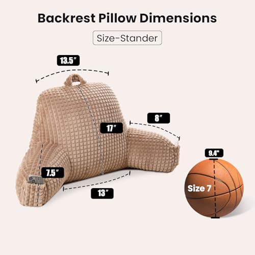 Reading Pillow with Arms for Sitting in Bed,Backrest,Khaki Flannel,M - color: Khaki, size: Standard(17")