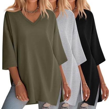 Huukeay 3 Pack Womens 3/4 Sleeve Oversized Tops - color: Black, Gray, Army Green, size: Medium