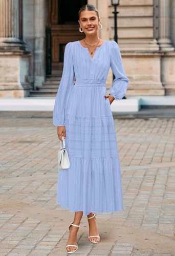 MEROKEETY Womens Fall Puff Long Sleeve Casual V Neck Modest Midi Maxi Dress - color: Blue, size: Medium