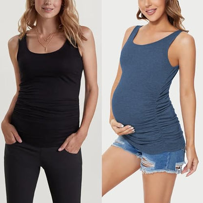 Ecavus 3 Pack Maternity Tank Tops Side Ruched Pregnancy Shirts for Women - color: Black/Grey/Blue, size: Medium