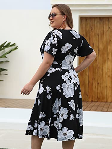 kissmay Plus Size Womens V Neck Floral Cocktail Party Midi Dresses - color: Black/White, size: 18 Plus