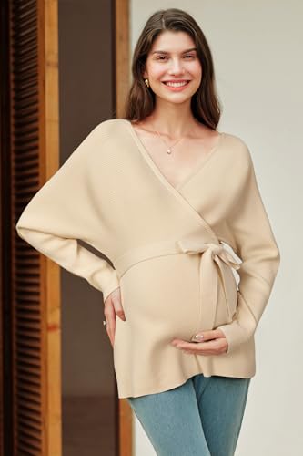 OUGES Womens Soft Cotton Blend Maternity Sweater Wrap V Neck Long Sleeve V Back Fall Shirts Pregnancy Outfits with Belt - color: Apricot, size: Small