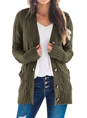 PRETTYGARDEN Women's Cable Knit Cardigan Sweaters Fall - color: Army Green, size: Small