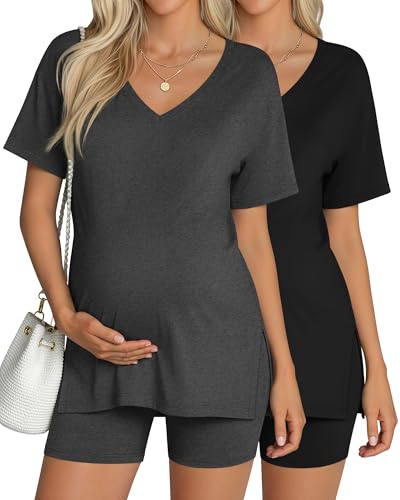 2 Pack Women Maternity Set Pregnancy Outfit - color: Dark Gray, Black, size: Small