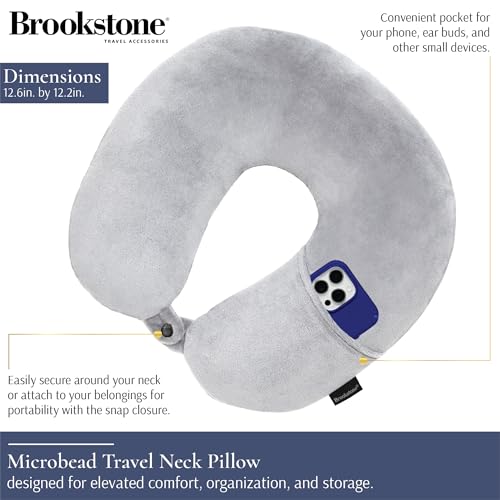 Brookstone Microbead Neck Pillow Soft Travel Pillow with Phone Pocket - color: Grey