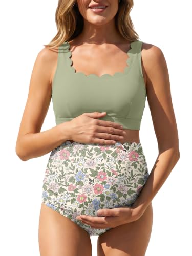 Scalloped Maternity Bikini Swimsuit Two Piece Bow Tie Swimwear - color: Sage Wildflower, size: 12