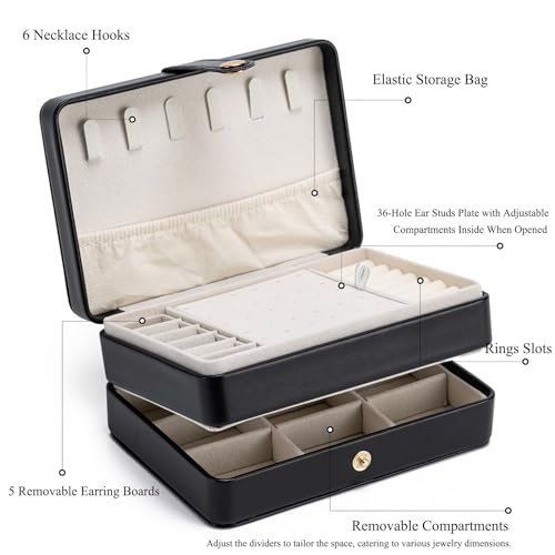 Travel Jewelry Case, 2-Layer Large Jewelry Organizer Box, Black, PU Leather - color: Black-P, size: Large-2 Layer