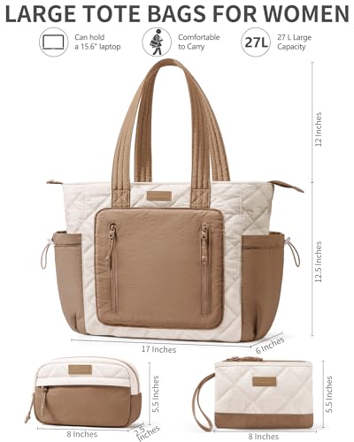 Bagstellar Puffer Tote Bag for Women, Lightweight Puffy Work Laptop Handbag - color: Cream-khaki