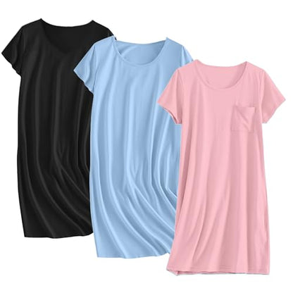 Ekouaer Cotton Nightgowns for Women 3 Pack Sleepshirts Tshirt Night Gown - color: Blak/Light Blue/Light Pink, size: Medium