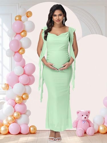 Women's Maternity Draped Neck Ruffle Bodycon Baby Shower Dress - color: Mint, size: Medium