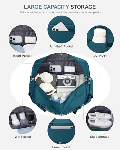 Weekender Bags for Women, Carry On Travel Duffle Bag with Shoe Compartment - color: A- Peacock Blue