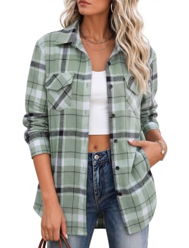 Zeagoo Flannel Shirt Women Plaid Button Down Shackets Long Sleeve Fall Tops - color: Light Green-gw297, size: X-Large
