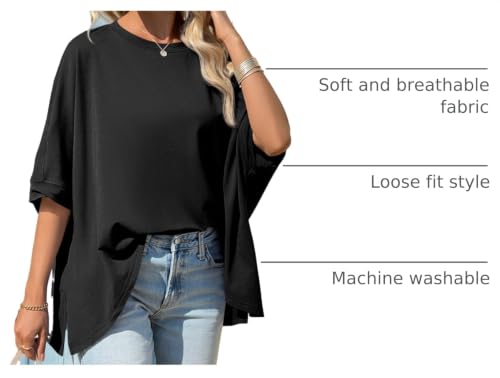 Tankaneo Womens Oversized Tshirts Batwing Short Sleeve Asymmetric Hem Tops - color: Black, size: Medium