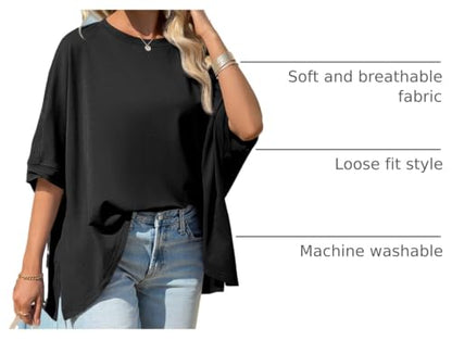 Tankaneo Womens Oversized Tshirts Batwing Short Sleeve Asymmetric Hem Tops - color: Black, size: X-Large