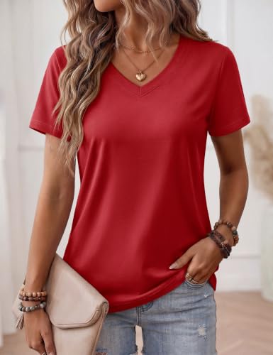 YUCOLEN Womens Shirts Cotton Short Sleeve Tops V Neck Casual Basic Tees - color: A-red, size: Medium