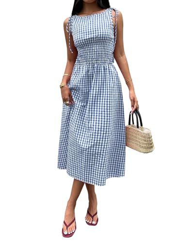 Acelitt Womens Gingham Dress Flowy Maxi Beach Sun Dresses - color: Dusk Blue, size: Large