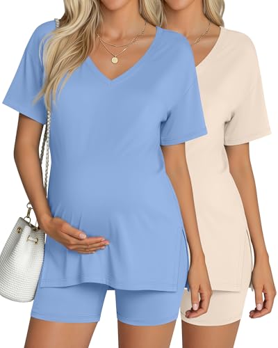 2 Pack Women Maternity Set Pregnancy Outfit - color: Blue, Beige, size: XX-Large