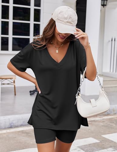 Ekouaer Womens 2 Piece Lounge Set Oversized V Neck Top Biker Short Pajamas - color: Black, size: Medium