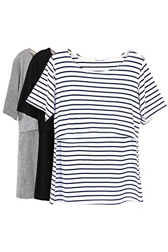 Smallshow Women's Maternity Nursing Tops Short Sleeve Breastfeeding Clothes - color: White Stripe/Black/Grey(3 Pack), size: Medium