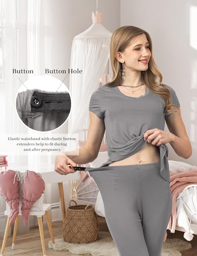 SUNNYBUY 3 PCS Maternity Breastfeeding Pajamas Set with Hidden Nursing Top - color: Gray, size: Medium