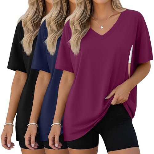 3 Pack Women's Oversize Nursing Shirts - color: Fuchsia, Navy Blue, Black, size: Medium