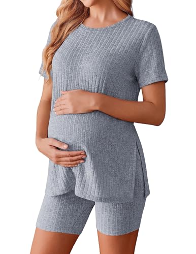 Ekouaer Women's Maternity 2 Piece Sets Short Sleeve Shirts and Biker Shorts - color: Blue, size: Medium
