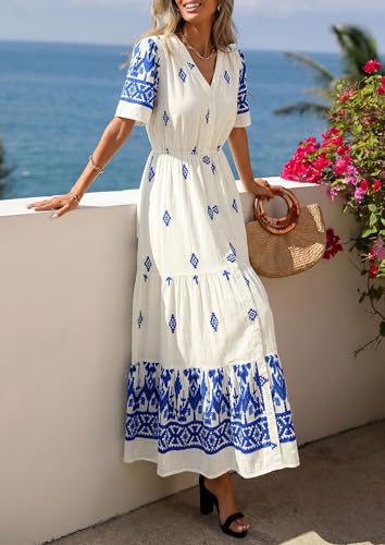 PRETTYGARDEN Womens Short Sleeve Boho Maxi Dress - color: Apricot Blue Flower, size: Medium