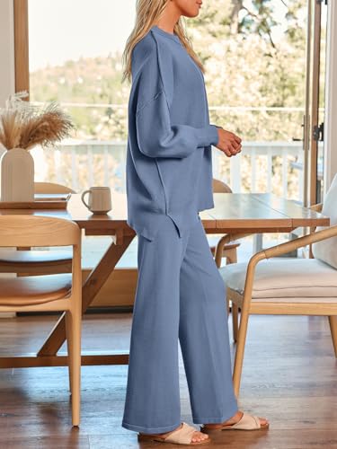 LILLUSORY Women 2 Piece Matching Lounge Sweater Sets 2026 Fall Outfit - color: Dusty Blue, size: Large