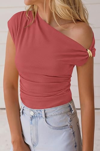 PRETTYGARDEN Womens Summer Off The Shoulder Crop Tops - color: Bean Paste Red, size: X-Large