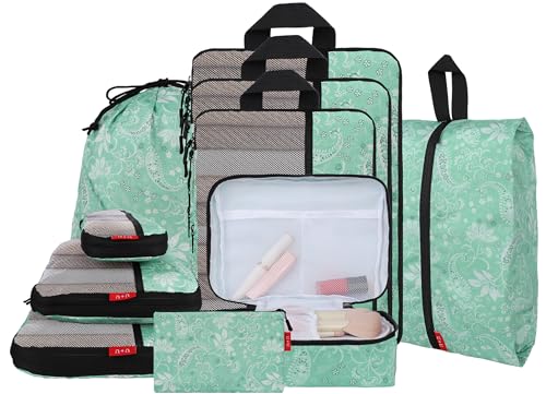 U+U 10 Set Compression Packing Cubes, Travel Organizers (Green Paisley) - color: Green Paisley, size: 10 Set